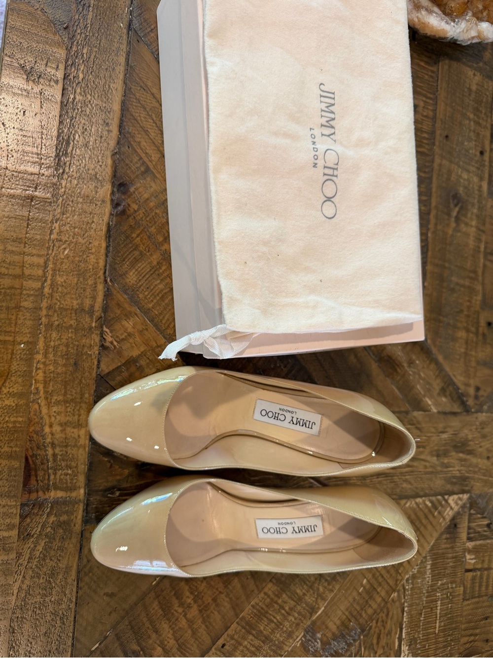 Jimmy Choo Beige Patent Leather Pointed-Toe Flats